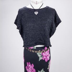 Holiday Metallic Sweater Top Black Sparkle Party Knit Dolman‎ Y2K Express Medium